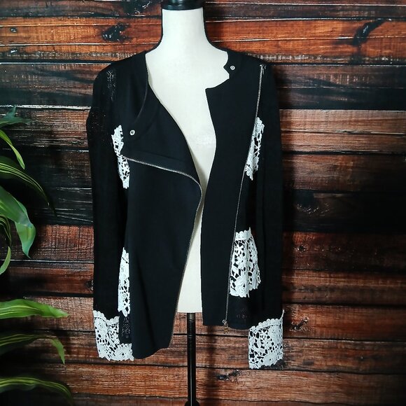 INC International Concepts Sweater L Black Sheer Lace Asymmetrical Zip - Picture 4 of 9